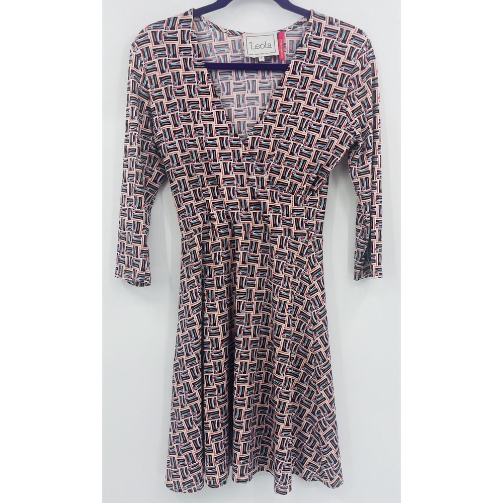 Leota Compass Rose Long Sleeve V-Neck Faux Wrap Multicolor Dress Size Small